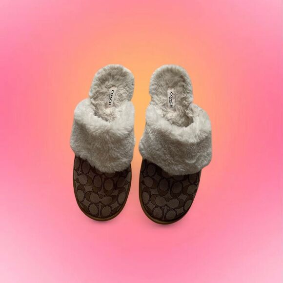 COACH FUR-LINED MONOGRAM SLIPPERS - Picture 1 of 5